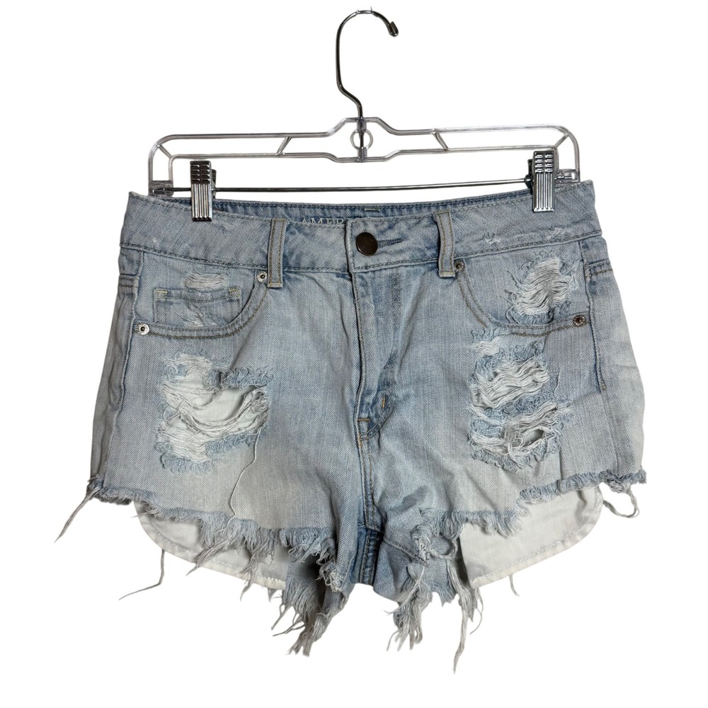 American Eagle Womens Distressed Denim Cut Off Shorts Light Wash Blue Size‎ 4